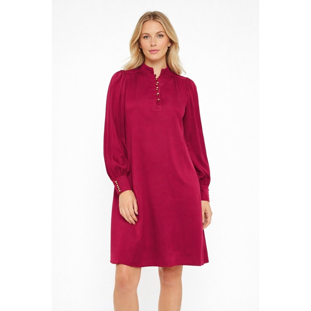 Cache‎ Dress Women XS Pink Pleated Sleeve Gold Button Shift Mini Elegant Chic